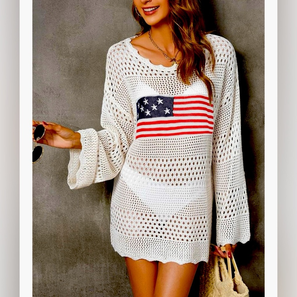 NWOT - American Flag Crochet Long Sleeve; Beach Cover Up; Hollow Out; Womens
